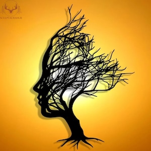 Black Metal Tree Woman Wall Sculpture, Minimalist, Modern Art, Elegant Home or Studio, Zen Interior Design, Abstract Portrait, Unique Design