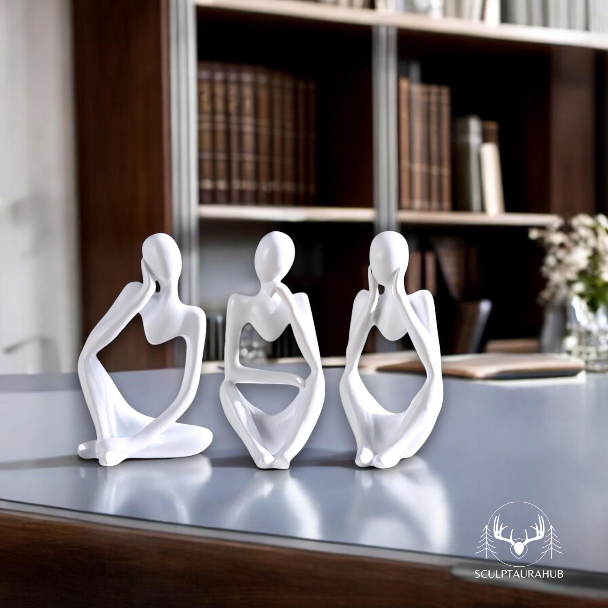 Sculture Astratte In Resina - 3 Figure Pensatori Per Libreria O Ufficio