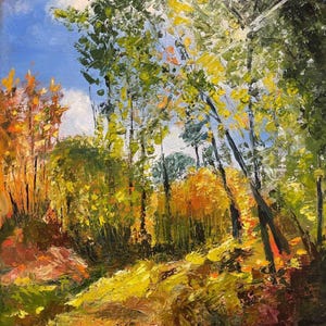 オリジナル油絵「森の秋」 – 鮮やかな秋の森の風景 – 印象派スタイル – 30x40 cm