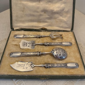 Antique French silver dessert cutlery set, Minerva 950, Art Nouveau, original box, 4 pieces, solid silver handles, c.1900