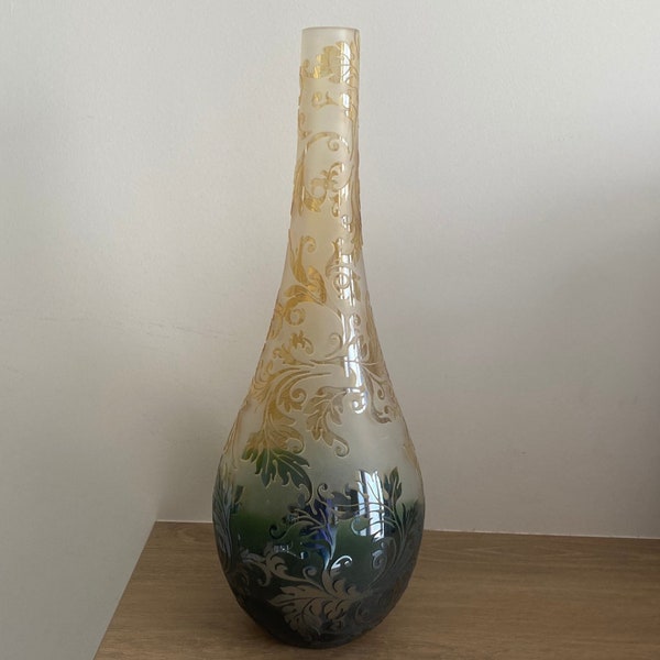 Vase en verre de style Art Deco, hauteur 49 cm, floral motif en verre jaune et vert