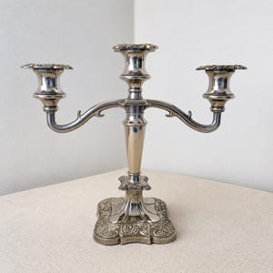 Può includere: Un candelabro d'argento con tre portacandele. Il candelabro ha una base decorativa con un motivo floreale e bracci curvi. I portacandele hanno un bordo smerlato. Il candelabro è in metallo lucido.