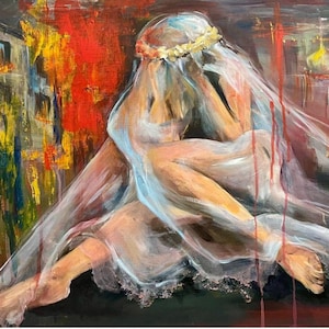 Peinture acrylique originale « Affliction » – Art figuratif contemporain – Symbolisme et émotion – 75x60 cm