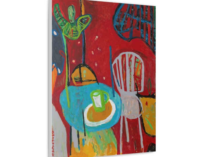 Vibrant Table and Chair Original Acrylic Painting, Ready to Hang Canvas Wall Art, Living Room Decor