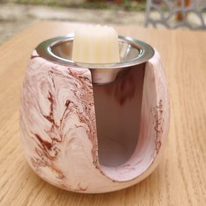 Pink marble effect resin scented wax melt burner | Wax diffuser with stainless steel cup | Handcrafted decor for a cozy home