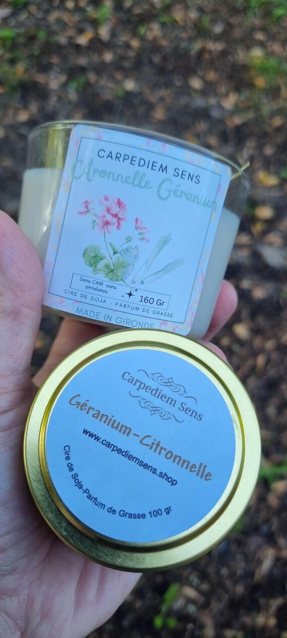 Candela Antizanzara Floreale Cera Di Soia - Profumo Citronella Geranio - Stopper In Legno - 3
