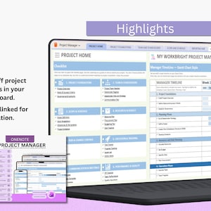 May include: A digital project management dashboard displayed on a laptop screen, featuring a Project Home tab with a checklist of project phases, a Manager Timeline Gantt chart, and a sidebar with navigation links for OneNote Project Manager.