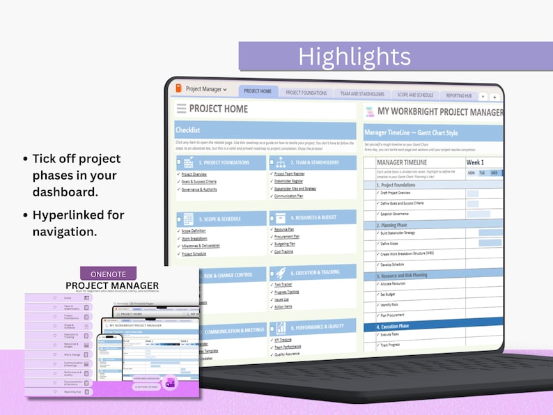 May include: A digital project management dashboard displayed on a laptop screen, featuring a Project Home tab with a checklist of project phases, a Manager Timeline Gantt chart, and a sidebar with navigation links for OneNote Project Manager.
