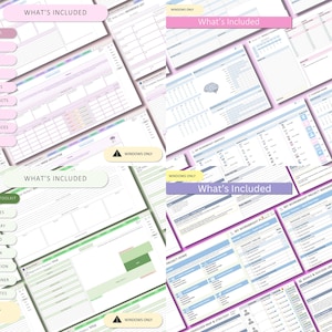 May include: A digital planner set featuring multiple templates with sections labeled What's Included, Section Notes, Quick Notes, Brain Dump, Ideas, Research Notes, Important Contacts, Web Links, Printable Resources, Reading List, and Executive Toolkit.