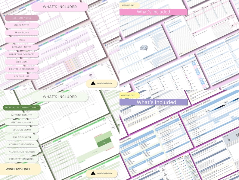 May include: A digital planner set featuring multiple templates with sections labeled What's Included, Section Notes, Quick Notes, Brain Dump, Ideas, Research Notes, Important Contacts, Web Links, Printable Resources, Reading List, and Executive Toolkit.