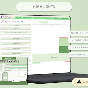 May include: A digital negotiation planner displayed on a laptop screen with a light green color scheme. The interface includes sections for objectives, BATNA, and walk-away points. Text labels include HIGHLIGHTS, EDITABLE ILLUSTRATIONS, and WINDOWS ONLY.