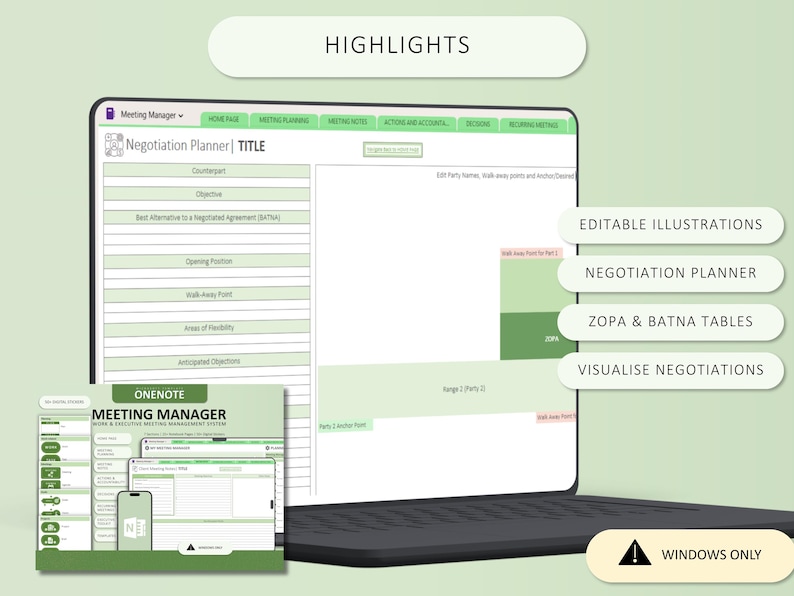 May include: A digital negotiation planner displayed on a laptop screen with a light green color scheme. The interface includes sections for objectives, BATNA, and walk-away points. Text labels include HIGHLIGHTS, EDITABLE ILLUSTRATIONS, and WINDOWS ONLY.