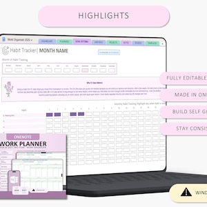 May include: A digital work planner for OneNote displayed on a laptop screen, featuring a habit tracker interface with monthly tabs, a 2026 and 2027 two-year overview, and text labels including HIGHLIGHTS, FULLY EDITABLE LAYOUTS, and WINDOWS ONLY.