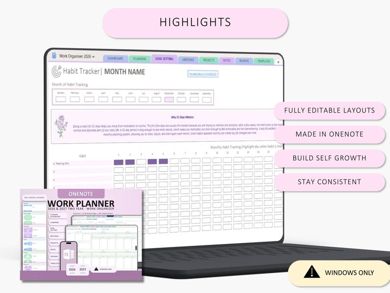 May include: A digital work planner for OneNote displayed on a laptop screen, featuring a habit tracker interface with monthly tabs, a 2026 and 2027 two-year overview, and text labels including HIGHLIGHTS, FULLY EDITABLE LAYOUTS, and WINDOWS ONLY.