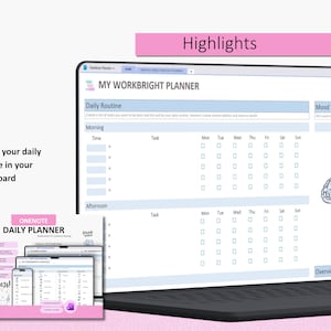 May include: A digital daily planner displayed on a laptop screen titled My Workbright Planner, featuring sections for morning and afternoon routines with checkboxes for each day of the week, alongside a mood tracker and a brain illustration.