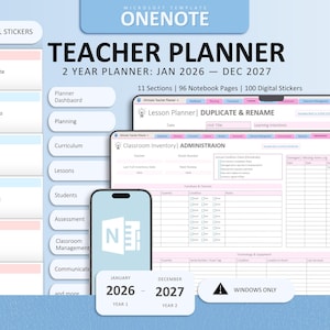 May include: A digital OneNote teacher planner template for 2026-2027 featuring 11 sections, 96 notebook pages, and 100 digital stickers. The interface displays classroom inventory, lesson planning, and student assessment forms with a light blue theme.