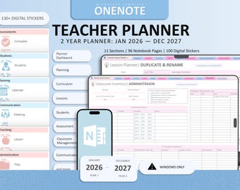 Microsoft OneNote Teacher Planner 2026 & 2027 | Digital Lesson Plans, Attendance, Classroom Management
