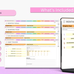 May include: A digital planner interface displayed on a laptop screen. The planner includes sections for monthly goals, quarterly plans, goal breakdowns, and habit tracking. The interface has a clean, organized layout with pink and yellow accents.