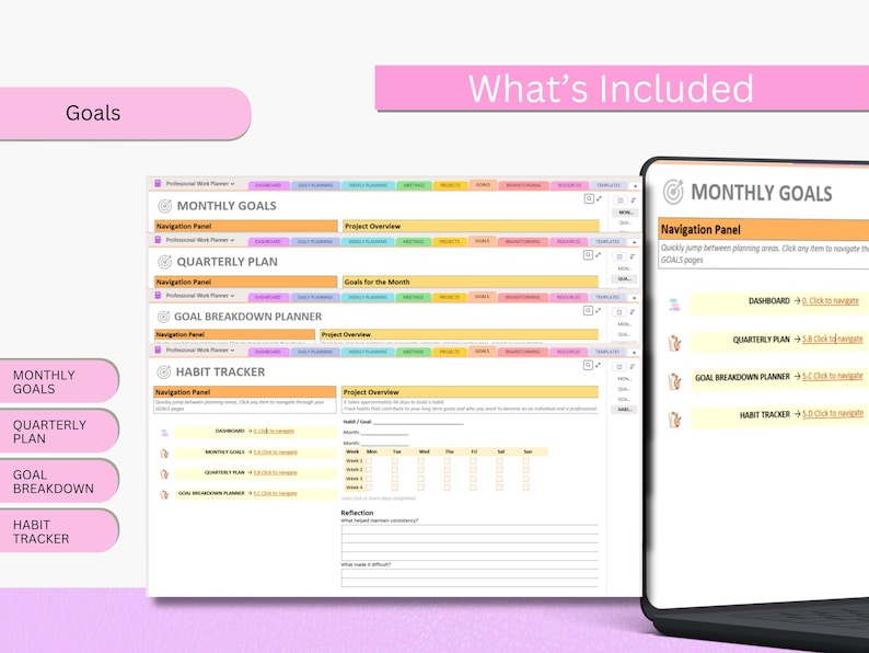 May include: A digital planner interface displayed on a laptop screen. The planner includes sections for monthly goals, quarterly plans, goal breakdowns, and habit tracking. The interface has a clean, organized layout with pink and yellow accents.
