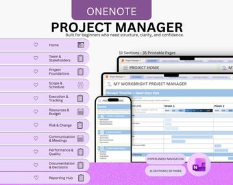 Modello OneNote per la gestione dei progetti, strumento completo per la gestione dei progetti, diagramma di Gantt, monitoraggio delle attività, strumenti per la gestione degli stakeholder e la creazione di report.