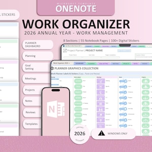 Op de afbeelding: Een digitale OneNote werkorganizer-sjabloon voor 2026 met 8 secties, 55 notitieboekpagina's en meer dan 130 digitale stickers. De lay-out bevat een planner-dashboard, projectplanner en labels voor planning, doelen, vergaderingen en reviews.