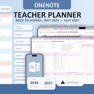May include: A digital Microsoft OneNote teacher planner template for July 2026 to July 2027. The layout features a dashboard, 11 sections, 96 notebook pages, and 100 digital stickers. The interface includes classroom inventory, lesson planning, and student assessment forms.
