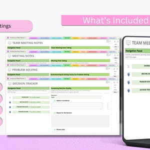 May include: A digital planner interface with sections for Team Meeting Notes, Meeting Notes, Problem Solving, and Decision Tracker. The interface is displayed on a tablet and includes a navigation panel.