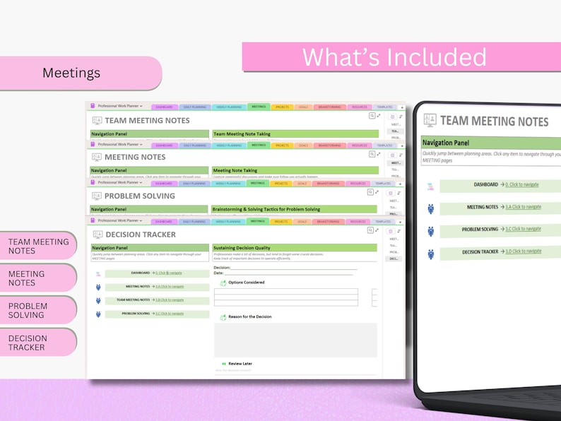 May include: A digital planner interface with sections for Team Meeting Notes, Meeting Notes, Problem Solving, and Decision Tracker. The interface is displayed on a tablet and includes a navigation panel.