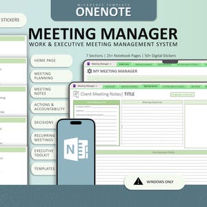 May include: A digital OneNote meeting manager template featuring a light green and white interface with sections for planning, notes, and actions. Includes a smartphone displaying the OneNote logo, 50+ digital stickers, and a Windows only warning label.