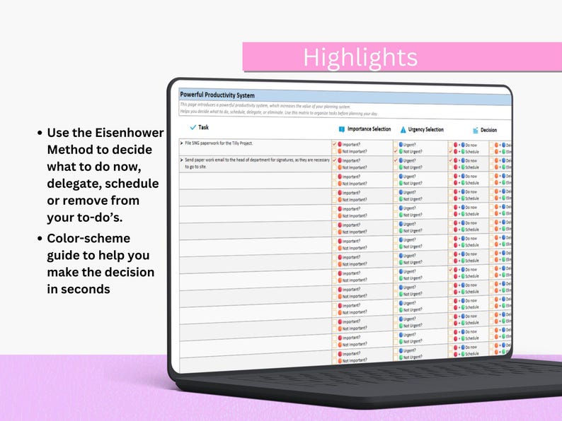May include: A laptop screen displays a productivity system with a task list, importance, and urgency selections. The text highlights the Eisenhower Method for task management and a color-scheme guide. The screen is set against a pink background.