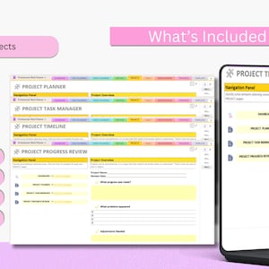 May include: A digital project management interface displayed on a laptop screen. The interface includes sections for project planning, task management, timelines, and progress reviews. The screen displays the text "What's Included" and "Projects".
