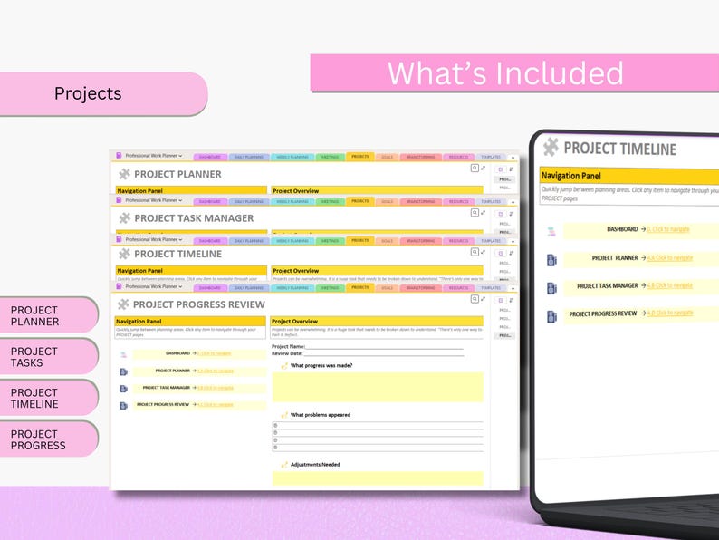 May include: A digital project management interface displayed on a laptop screen. The interface includes sections for project planning, task management, timelines, and progress reviews. The screen displays the text "What's Included" and "Projects".