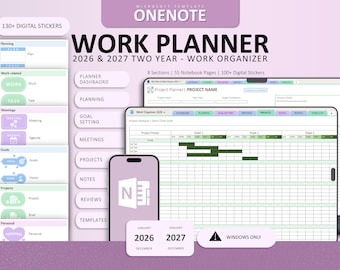 Puede incluir: Una plantilla digital de planificador de trabajo OneNote para 2026 y 2027 con cronograma de proyectos, ocho secciones, cincuenta y cinco páginas y más de cien pegatinas digitales. La interfaz incluye panel, planificación, objetivos, reuniones, proyectos, notas, revisiones y plantillas. Producto solo para Windows.