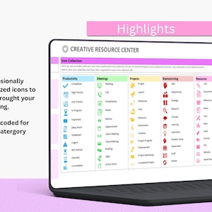 May include: A laptop displays a digital planner with color-coded icons for productivity, meetings, projects, brainstorming, and resources. The screen shows the text "CREATIVE RESOURCE CENTER" and "Icon Collection". The image also highlights the planner's features.