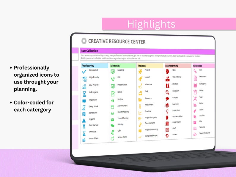 May include: A laptop displays a digital planner with color-coded icons for productivity, meetings, projects, brainstorming, and resources. The screen shows the text "CREATIVE RESOURCE CENTER" and "Icon Collection". The image also highlights the planner's features.