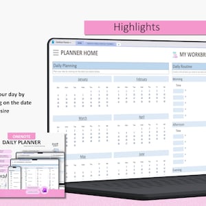May include: A digital OneNote daily planner displayed on a laptop screen, featuring a home dashboard with monthly calendars from January to June, a daily routine section, and the text My Workbright. A smaller preview shows the planner layout.