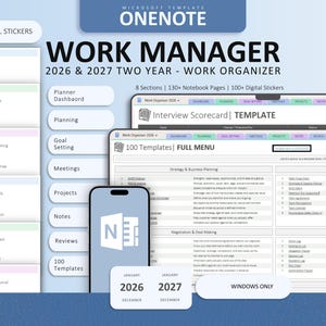 OneNote Work Planner 2026-2027 | 131 Templates Digital Planner - Project Management, SWOT, Meeting, Goal & Executive Templates
