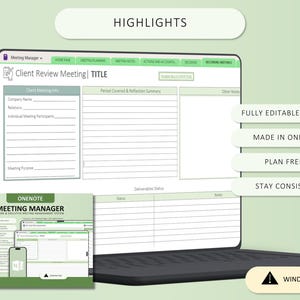 May include: A digital meeting manager template for OneNote displayed on a laptop screen. The interface features sections for client meeting info, period covered, reflection summary, and deliverables status. Text includes "Client Review Meeting" and "Windows Only".