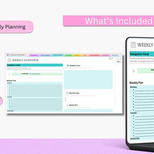 May include: A digital planner interface with a weekly overview displayed on a laptop screen. The screen shows a navigation panel, weekly plan, and key priorities. Pink banners read "Weekly Planning" and "What's Included".