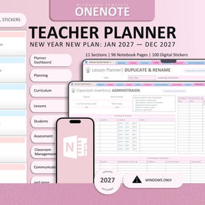 May include: A digital teacher planner for Microsoft OneNote featuring a pink colour scheme, 11 sections, 96 notebook pages, and 100 digital stickers. The interface displays classroom inventory, lesson planning, and administration tools for 2027.