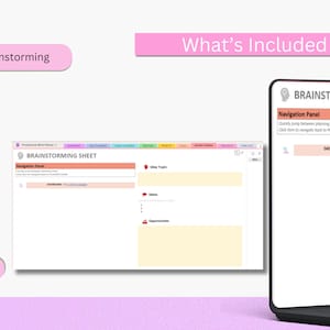 May include: A laptop screen displays a "Brainstorming Sheet" with a navigation panel and sections for idea topics, ideas, and opportunities. The words "Brainstorming" and "What's Included" are in pink banners.