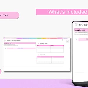 May include: A digital planner interface with a pink and white color scheme. The screen displays a "Resources Sheet" with navigation and email tracking sections. The words "What's Included" and "Resources" are also visible.