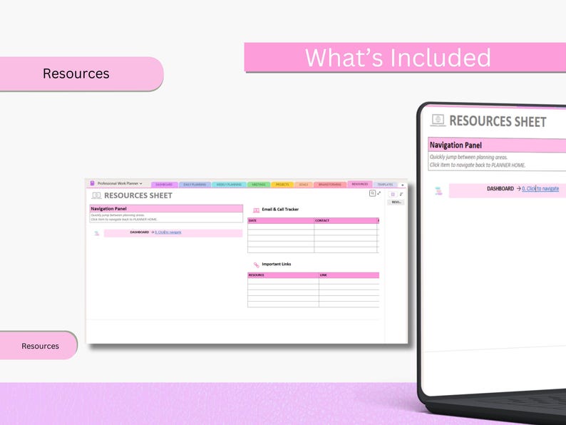 May include: A digital planner interface with a pink and white color scheme. The screen displays a "Resources Sheet" with navigation and email tracking sections. The words "What's Included" and "Resources" are also visible.