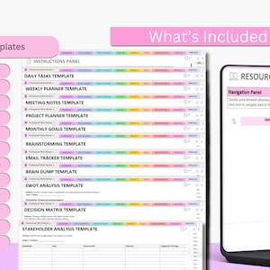 May include: A digital planner interface with a pink and white color scheme. The screen displays various templates, including daily tasks, weekly planner, and project planner. The text "What's Included" and "Templates" are visible.