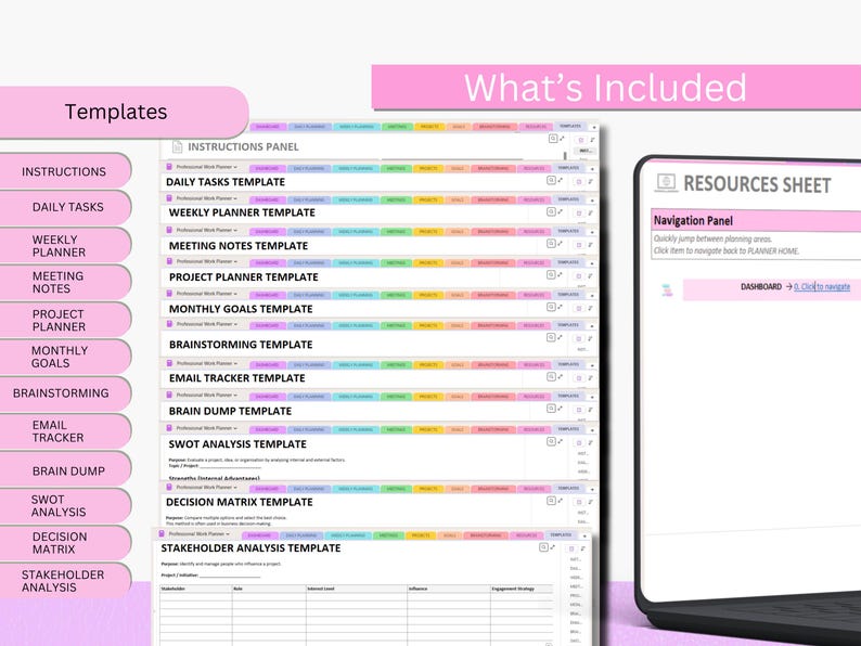 May include: A digital planner interface with a pink and white color scheme. The screen displays various templates, including daily tasks, weekly planner, and project planner. The text "What's Included" and "Templates" are visible.