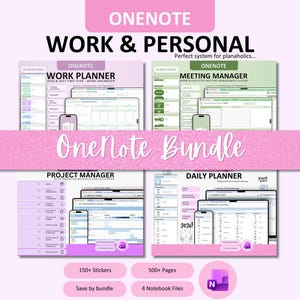 Può includere: Un pacchetto digitale OneNote che include quattro diversi pianificatori: Work Planner, Meeting Manager, Project Manager e Daily Planner. Ogni sezione mostra layout di interfaccia per tablet e smartphone in tonalità pastello con etichette.