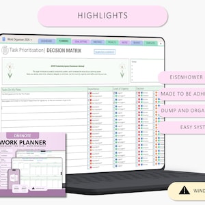 May include: A digital work planner for OneNote displayed on a laptop screen, featuring a Task Prioritisation Decision Matrix with columns for tasks, importance, urgency, and decisions. The interface includes tabs for planning, goals, and projects.