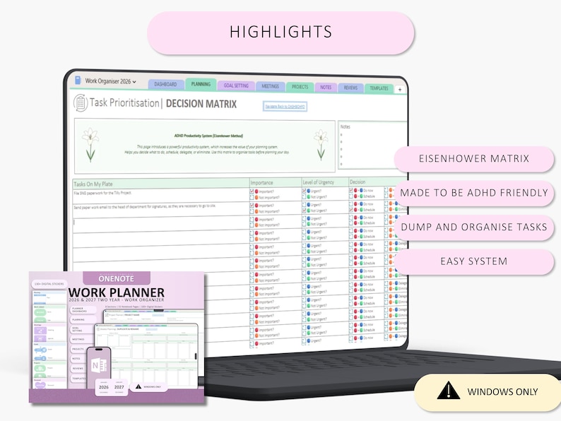 May include: A digital work planner for OneNote displayed on a laptop screen, featuring a Task Prioritisation Decision Matrix with columns for tasks, importance, urgency, and decisions. The interface includes tabs for planning, goals, and projects.