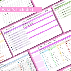 May include: A collection of digital planner pages with a pink and white color scheme. The pages include sections for planning, decision-making, and resource organization. Text includes "What's Included", "Planner Home", and "Decision Tracker".