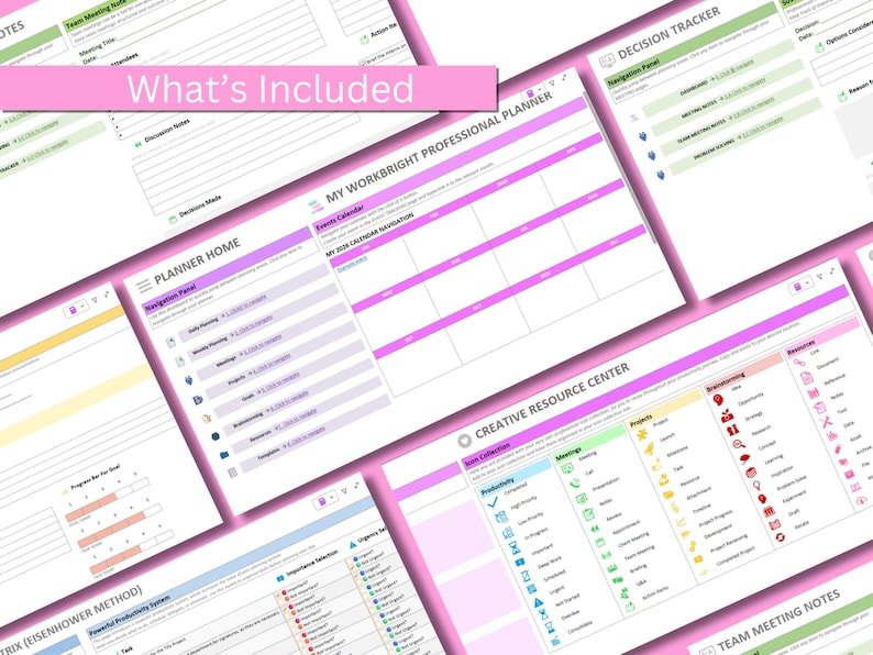 May include: A collection of digital planner pages with a pink and white color scheme. The pages include sections for planning, decision-making, and resource organization. Text includes "What's Included", "Planner Home", and "Decision Tracker".